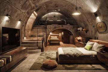 Modern underground bunker interior with a stylish living room.