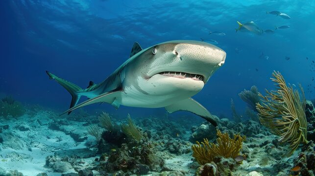 Close-up of a tiger shark searching for prey on a coral reef