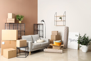 Cardboard boxes, picture and furniture in new living room on moving day