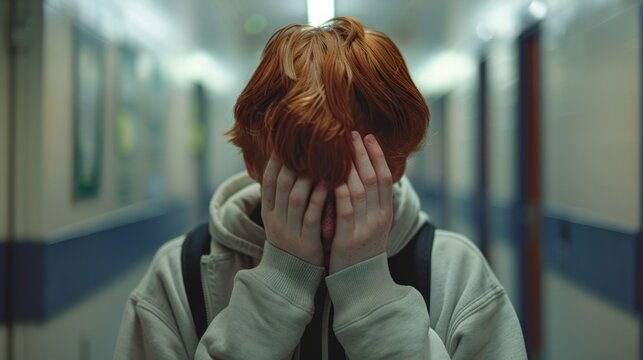 redhead crying teenager covers his face with his hands, standing alone in the school hallway generative ai
