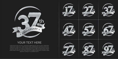 anniversary logotype set vector, silver color and silver ribbon for special day celebration