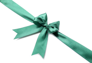 Green satin ribbon with bow isolated on white