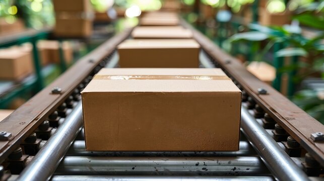 Modern warehouse automation  cardboard boxes on conveyor belts with digital interfaces