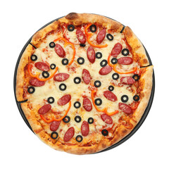 Tasty pizza with cheese, dry smoked sausages, olives and pepper isolated on white, top view