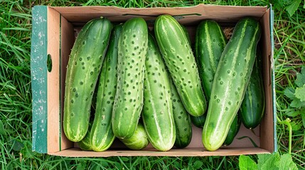 Fresh cucumbers in the box on the green grass. Copy space. Generative Ai