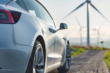 Electric car with wind turbines and blue sky with clouds in background.