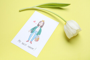 Tulip with kid drawing on yellow background. Mother's Day celebration