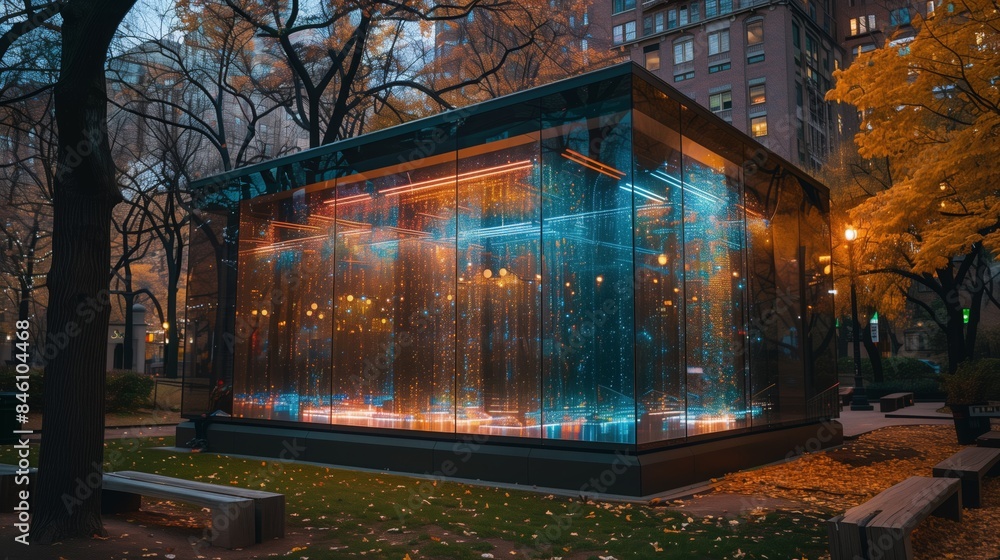 Poster a glass structure in a park at night is illuminated with colorful lights, creating a captivating dis
