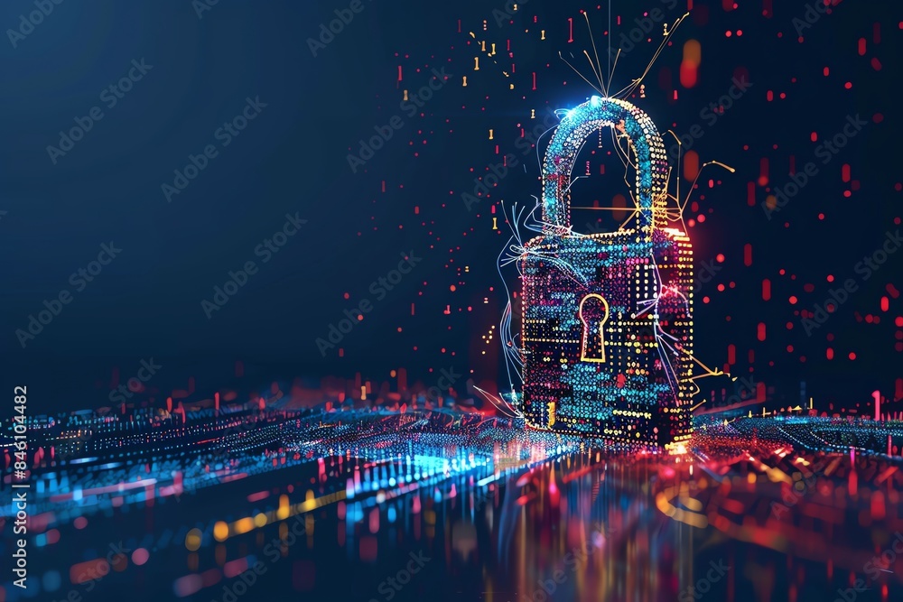 Poster abstract digital padlock representing cybersecurity. high-tech background with glowing lines and dat
