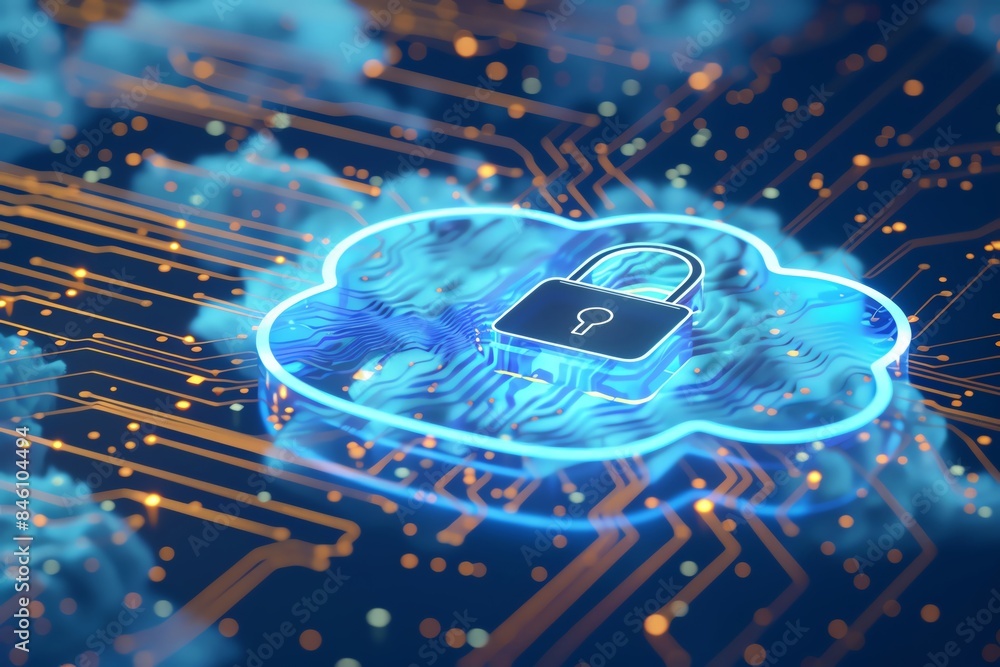 Poster digital cloud security concept with a glowing lock symbol integrated into a circuit board, represent