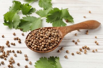 Spoon with dried coriander seeds and green leaves on wooden table, closeup