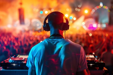 Obraz premium Back view of a DJ wearing headphones, performing at a vibrant music concert with a lively crowd and colorful lights.