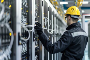 Technician working on server racks in data center, ensuring network infrastructure runs efficiently, wearing safety helmet and gloves.