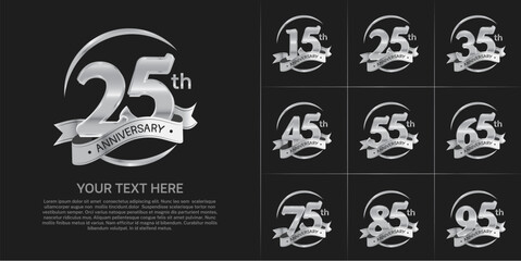 anniversary logotype set vector, silver color and silver ribbon for special day celebration