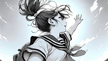 空に手を伸ばす制服を着た女の子のイラスト