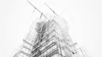 Wireframe vector illustration of a skyscraper under construction with cranes and scaffoldings highlighted, showcasing architectural and engineering details.