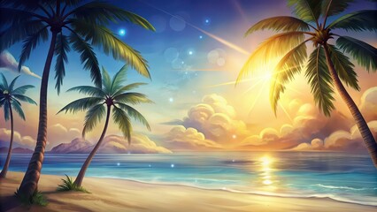 Obraz premium Generative of Caribbean palm trees at a sunny beach with copy space for holiday concept , tropical, beach, sunny, vacation, palm trees, sea, sand, relaxation, paradise, travel, nature