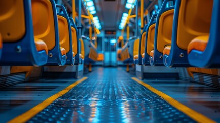 Modern bus interior at night with vibrant yellow and orange seats, creating a contemporary ambiance