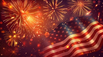 Fototapeta premium Americana Classic American flag, dazzling fireworks in dark sky