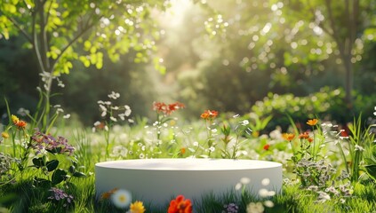 3d white podium in the middle of a beautiful spring garden with wild flowers, background is blurred, green grass and trees, bright sunny day, close up shot