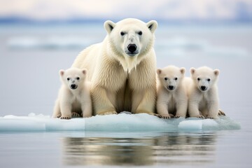 A striking photograph of a group of adorable polar bears standing together, showcasing their beauty and strength.