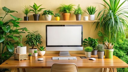 Vibrant workspace with computer, plants, and motivational quotes, energetic, productive, motivation, enthusiasm, happy, stress-free, healthy, professional, mood, positive, active, business