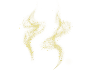Golden smoke, glistening magic light particles forming an abstract, smoky wave shape on a transparent background.
