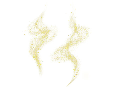 Golden smoke, glistening magic light particles forming an abstract, smoky wave shape on a transparent background.
