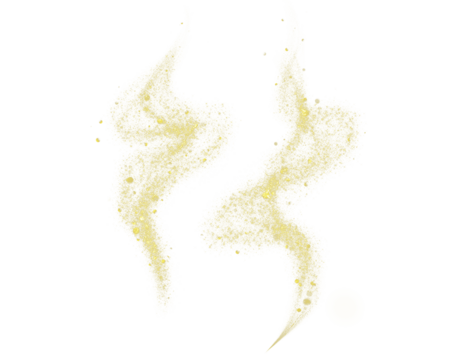 Golden smoke, glistening magic light particles forming an abstract, smoky wave shape on a transparent background.
