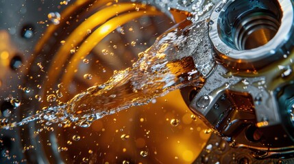 Industrial Machinery Closeup of a metal bearing with dynamic oil splashes, steel background