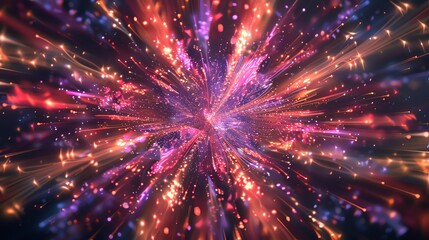 Obraz premium Vibrant explosion of multicolored light beams, resembling galaxy or fireworks, glowing beautifully in dark background, perfect for abstract designs.