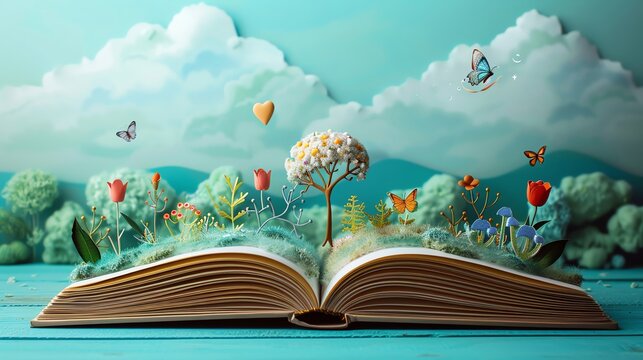 Whimsical open book with fantastical scenery emerging, featuring trees, flowers, butterflies against a dreamy cloud-filled background.