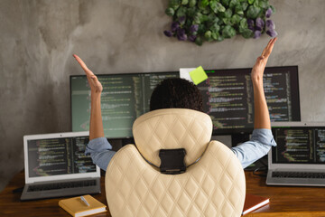 Photo of attractive lovely glad girl celebrate win victory success modern technology workspace...