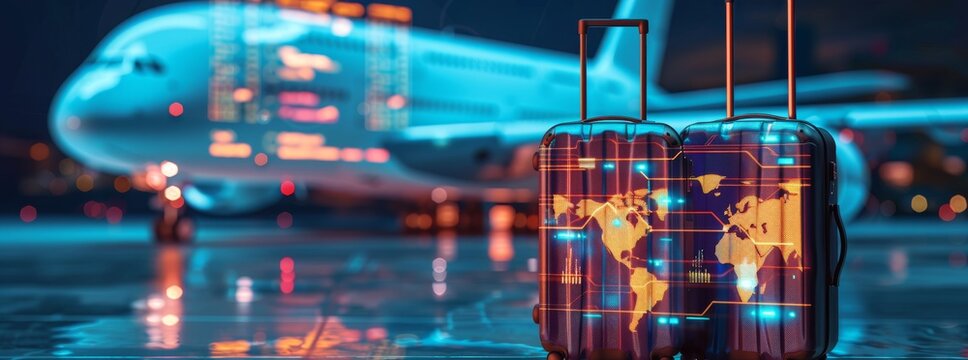 A digital illustration of an airplane and luggage on the airport runway, with graphs in the background representing travel journey data and user experience data. - Powered by Adobe