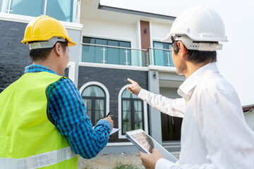 inspector engineer and owner project is inspecting construction and quality assurance new house. Engineers or architects or contactor work to build the house before handing it over to the homeowner