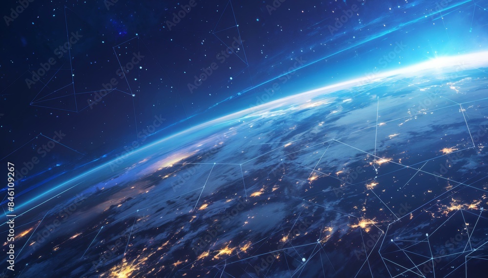 Poster an artistic representation of global satellite communication network connecting various points on ea