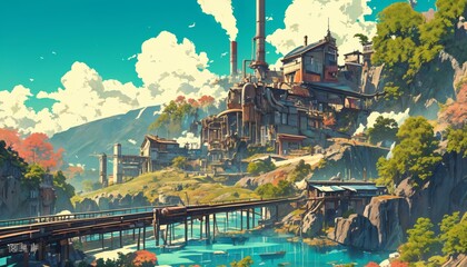 Fototapeta premium A picturesque industrial facility situated in a lush valley with steam stacks against a backdrop of mountains and a clear sky. The image features vibrant foliage, a flowing river
