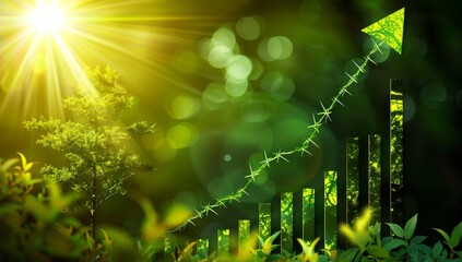 A customized green growth arrow graph on a nature background with a growing tree and sun rays, in the style of a green stock market or business success concept.