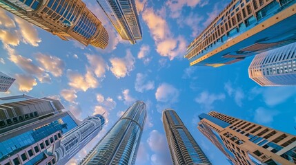 Low angle of skyscrapers looking towards the sky, Dubai. generative ai