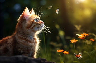 a cat playing with butterflies in the garden. Generative AI
