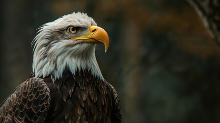 Obraz premium Bald eagle with American flag, detailed feathers, patriotic and majestic, soft lighting, closeup view, high contrast