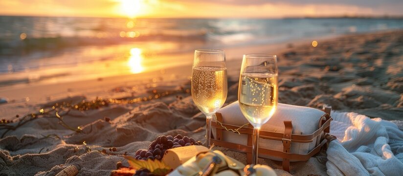 A charming summer evening beach picnic with two glasses of white wine and a wine chiller at sunset - Powered by Adobe