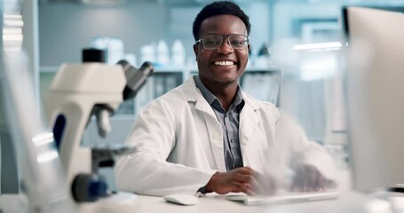 Computer, science and face with black man in laboratory, typing at desk for development report. Healthcare, medicine and pharmaceutical with portrait of scientist working on innovation or research