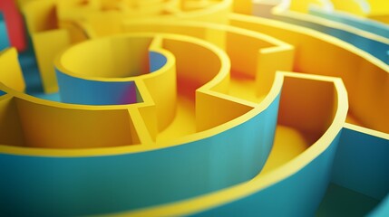 Abstract folded paper effect. Bright colorful yellow background. Maze made of paper. 3d rendering. 