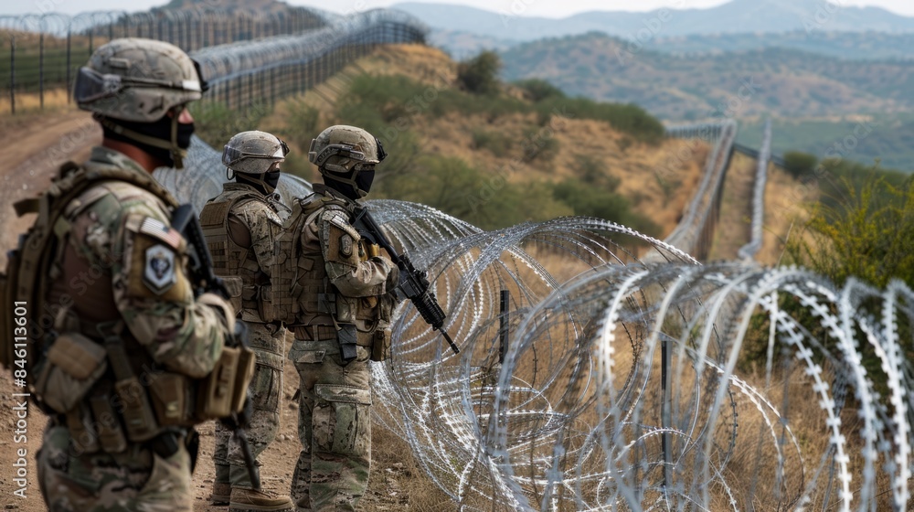 Wall mural military and armed border guards stand along the barbed wire border generative ai - Wall murals