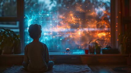 A child sits on the floor by a window, watching a holographic family movie night projected onto the glass.