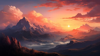 Naklejka premium A breathtaking view of a mountainous landscape at sunset with vibrant orange and purple hues painting the sky.