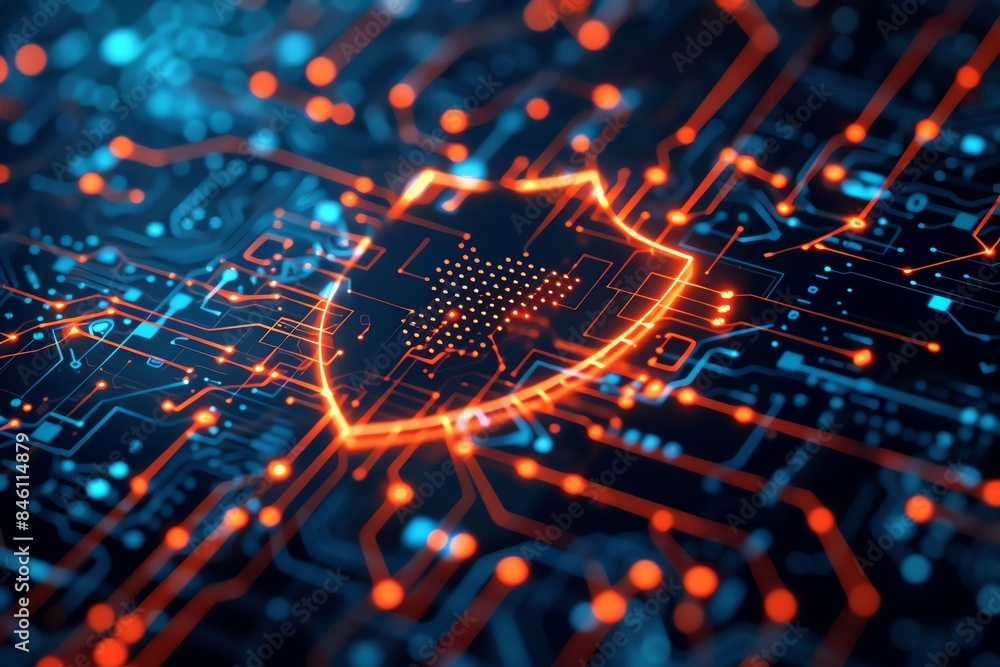 Poster futuristic digital cybersecurity concept with glowing circuits and shield symbol, representing data 
