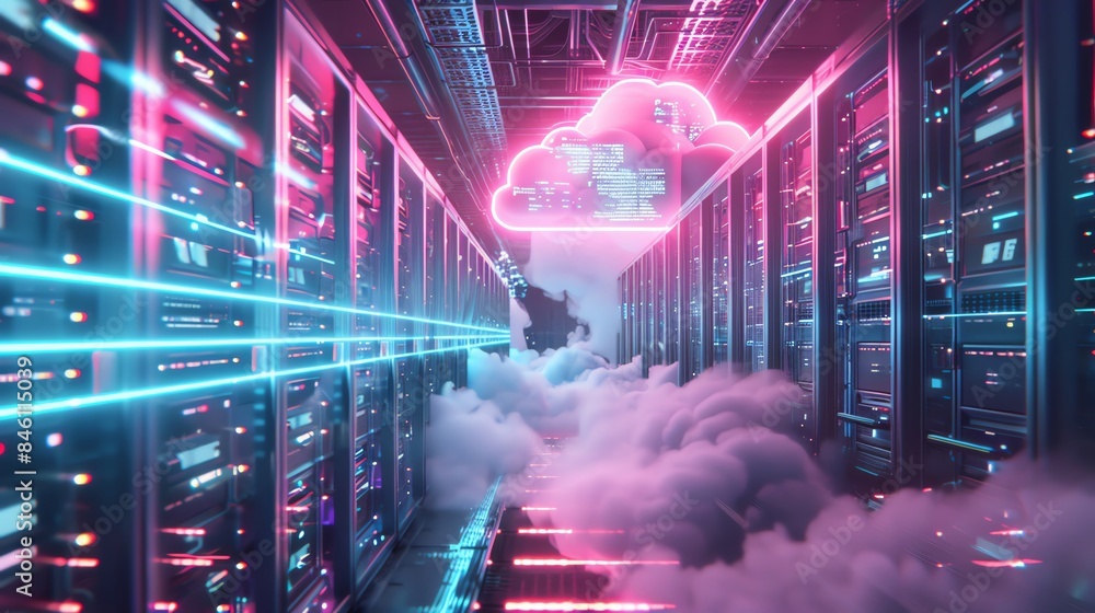 Poster futuristic server room with neon lights and cloud computing concept, representing advanced technolog