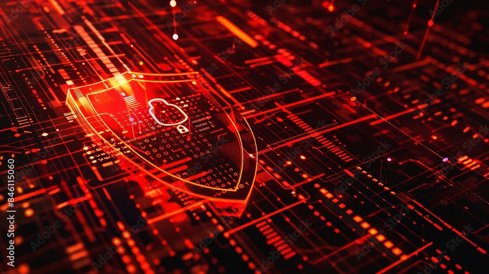 Poster digital cybersecurity concept with a glowing shield icon on a red circuit board indicating protectio